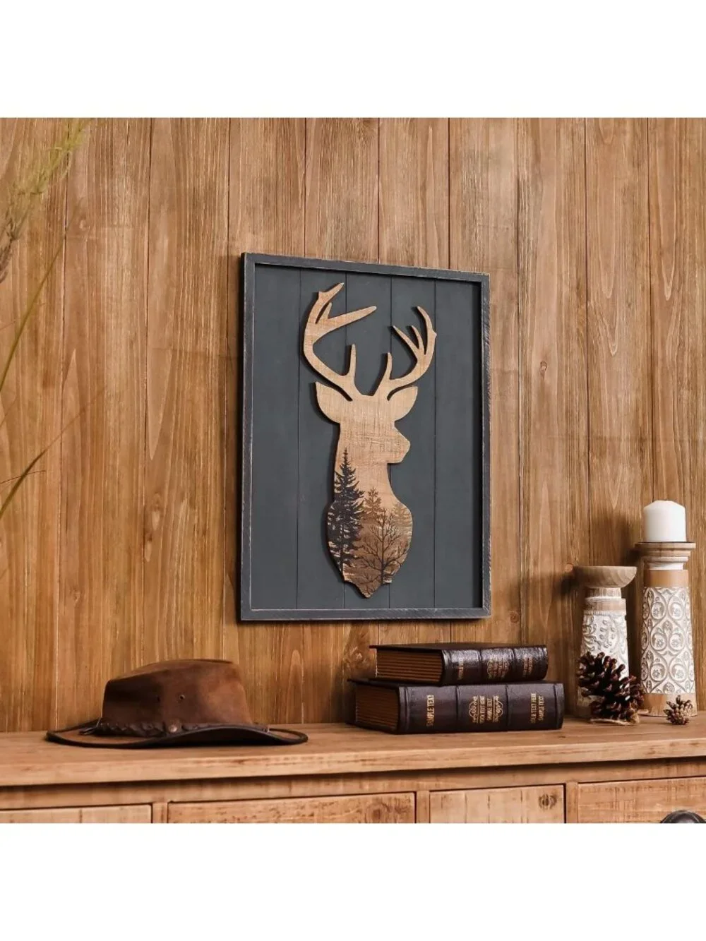 Rustic Deer Wall Art Print - Framed Woodland Cabin Decor for Bathroom, 16x21